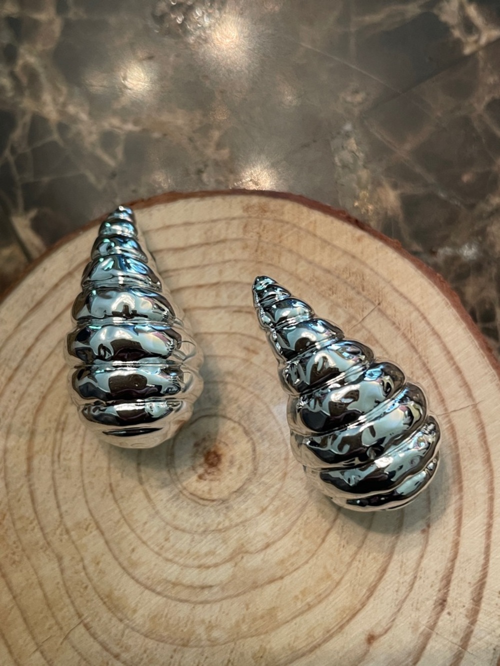 Silver Shell Shaped Post Earrings - Picture 2 of 7